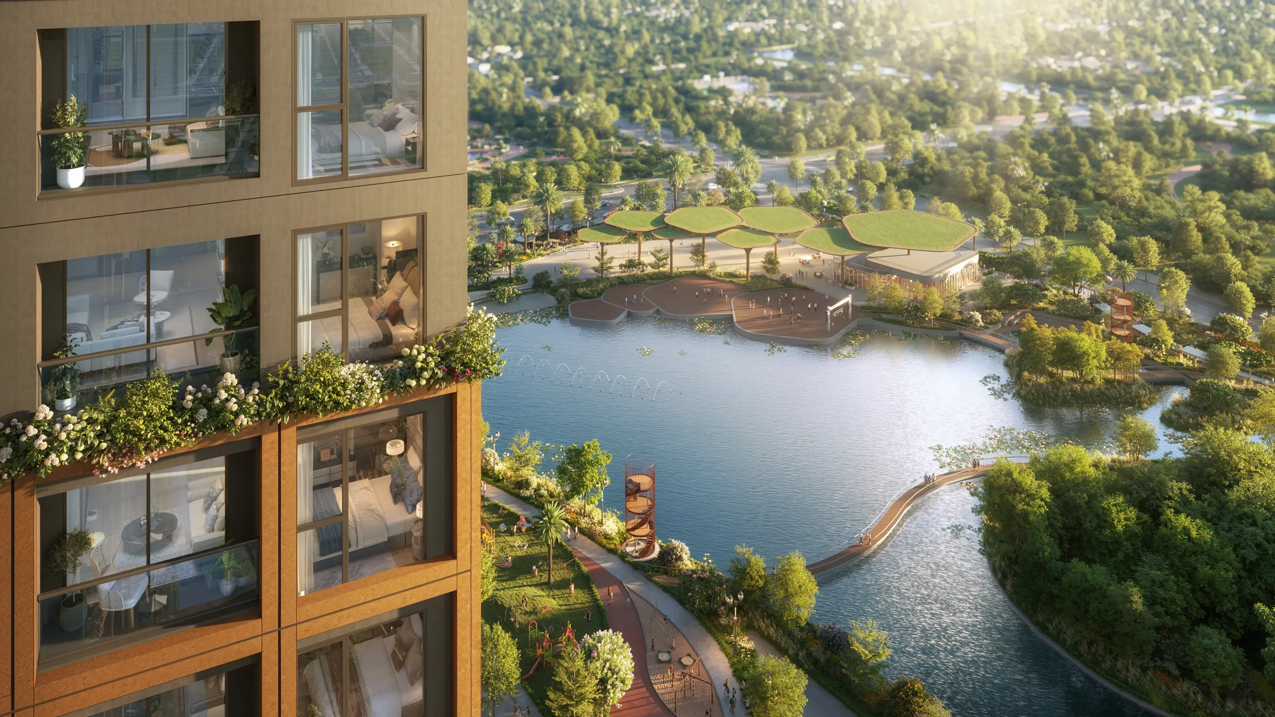 Không gian hồ nước và cây xanh nội khu The Parkland nhìn từ ban công căn hộ