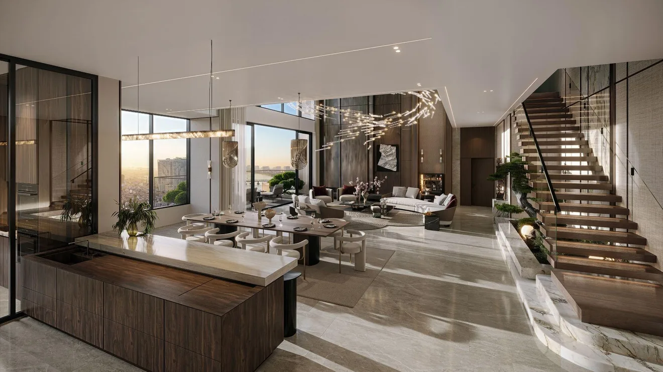 Không gian phòng khách và bếp trong căn hộ Signature Residences tại The Magnolia
