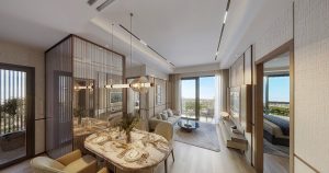 Phòng khách và bếp ăn căn hộ 2 phòng ngủ+ The Parkland với view thoáng ra khu đô thị