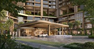 Sảnh đón và khu vực đỗ xe được render tại lối vào tòa nhà The Magnolia